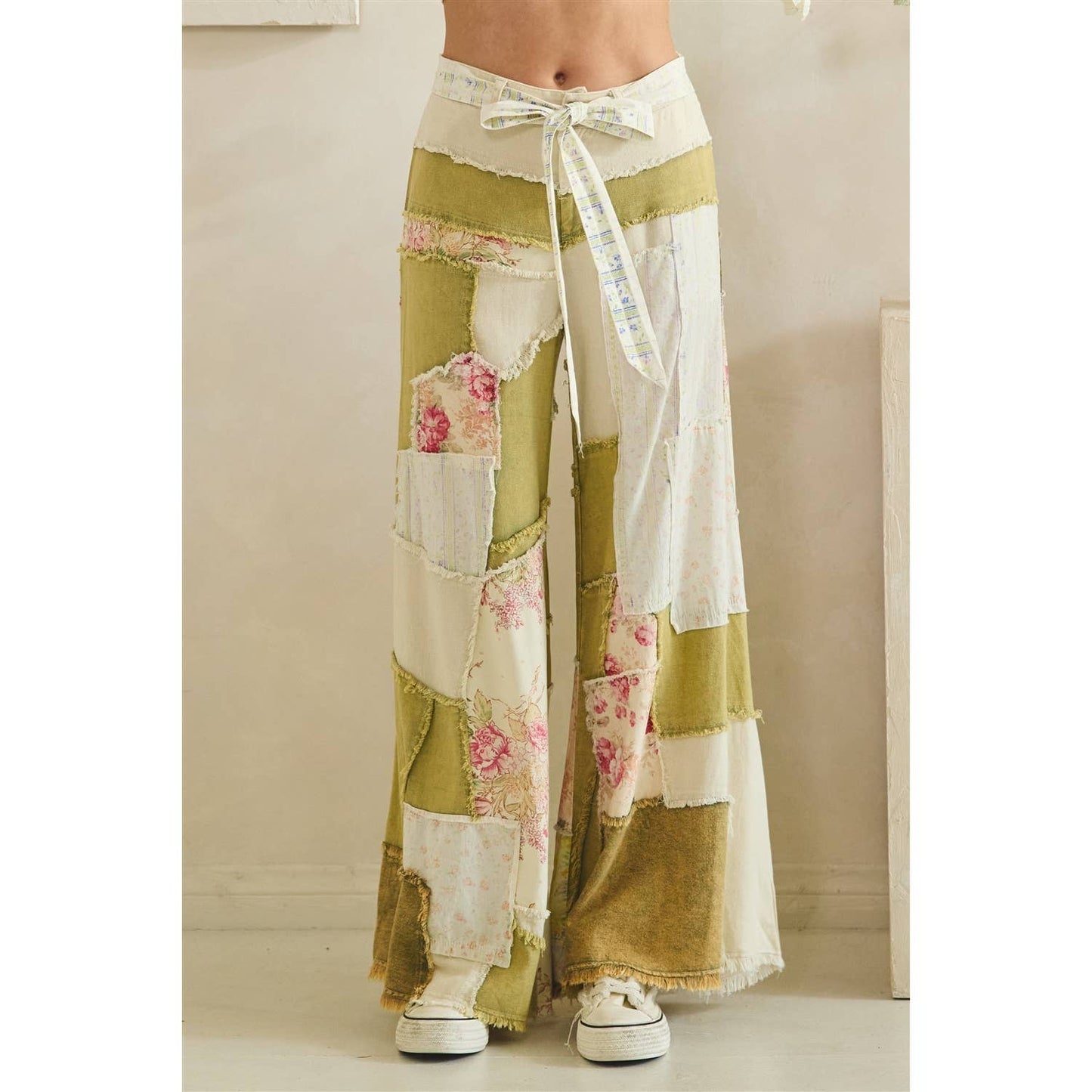 WASHED FLORAL PATCHWORK FLARE PANTS