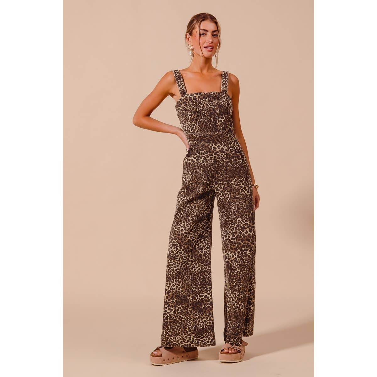 WASHED LEOPARD TWILL WIDE LEG JUMPSUIT WITH POCKET: LEOPARD