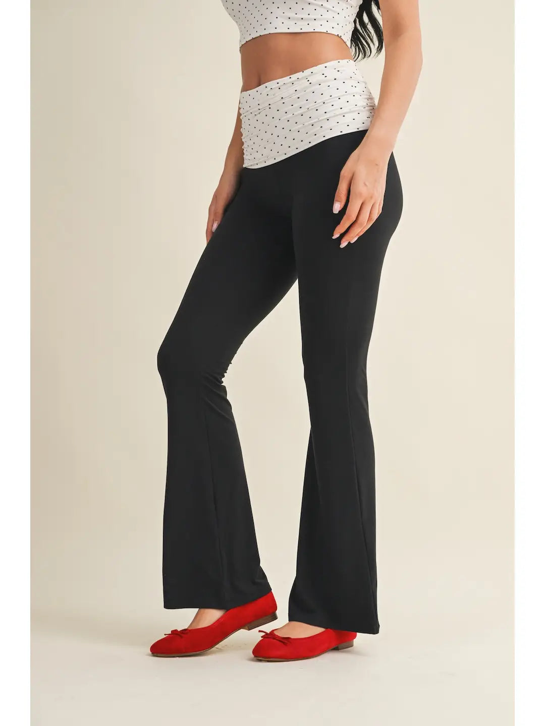 Polka dot foldover flare pants