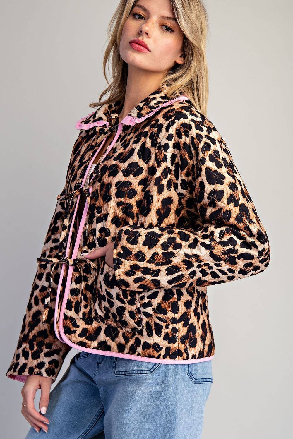 PL9358 - LEOPARD QUILTED PINK CONTRAST TIE FRONT JACKET