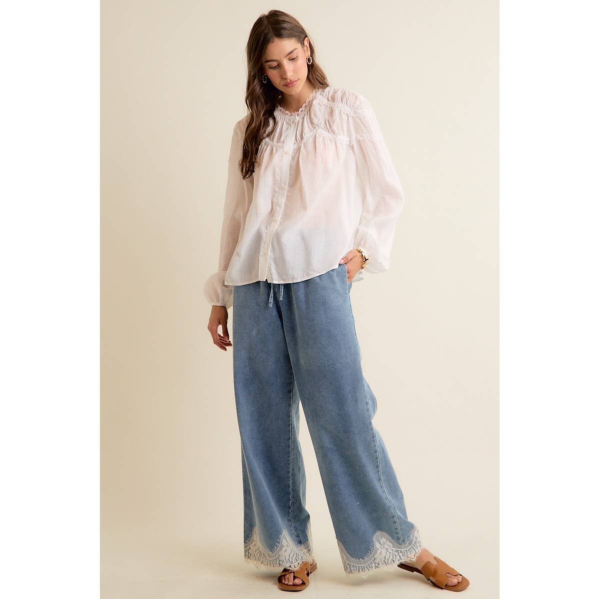 JUNE SHIP  LACE TRIM WIDE LEG ELASTIC MID RISE DENIM PANTS: DENIM