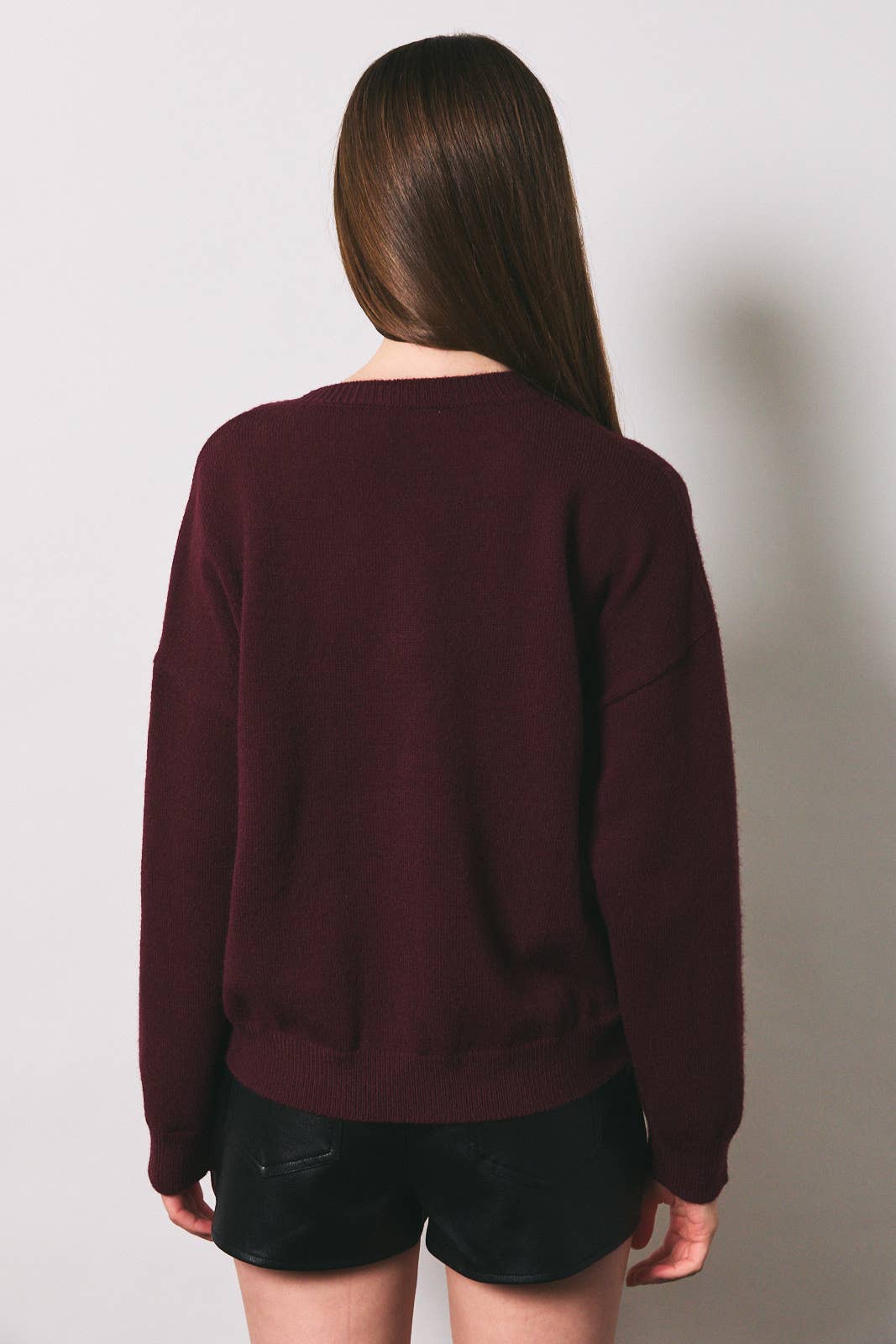 PUPPY WITH FALLEN LEAVES GRAPHIC OVERSIZED SWEATER: Burgundy