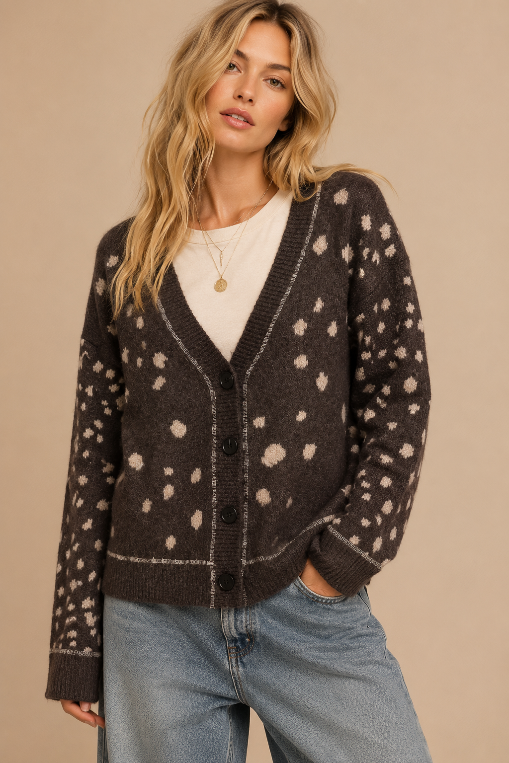 SEPT SHIP FAWN ARTWORK PRINT BUTTON DOWN CARDIGAN
