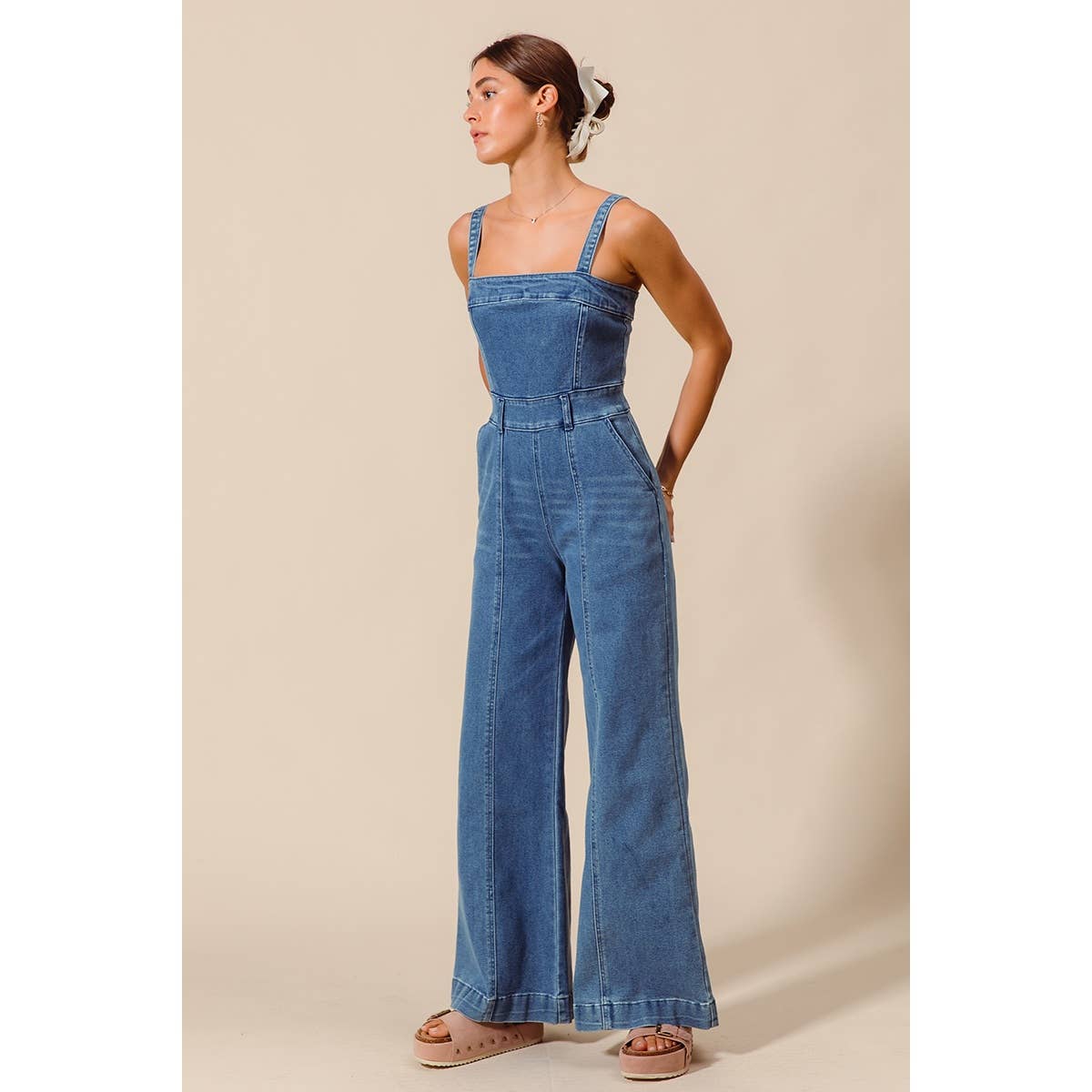 FRONT CUT EXPOSED SEAM WASHED DENIM JUMPSUIT : DENIM