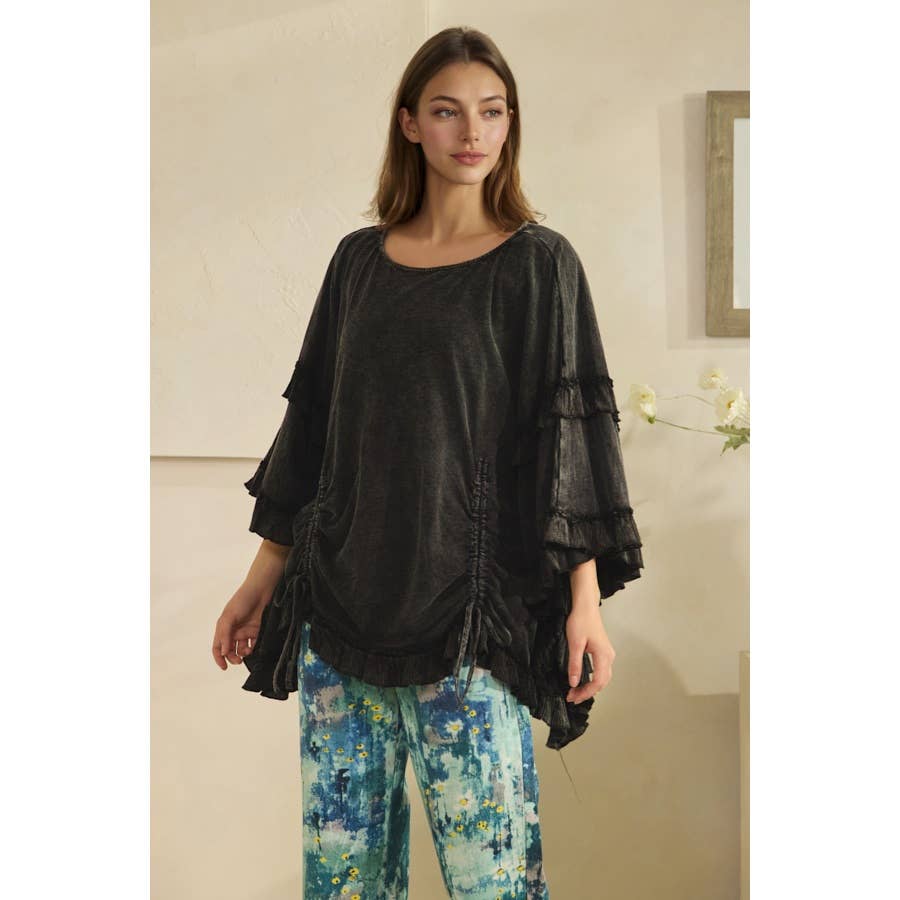 WASHED CINCHED DETAIL RUFFLE SLEEVE AND HEM TOP - HOT PINK or BLACK