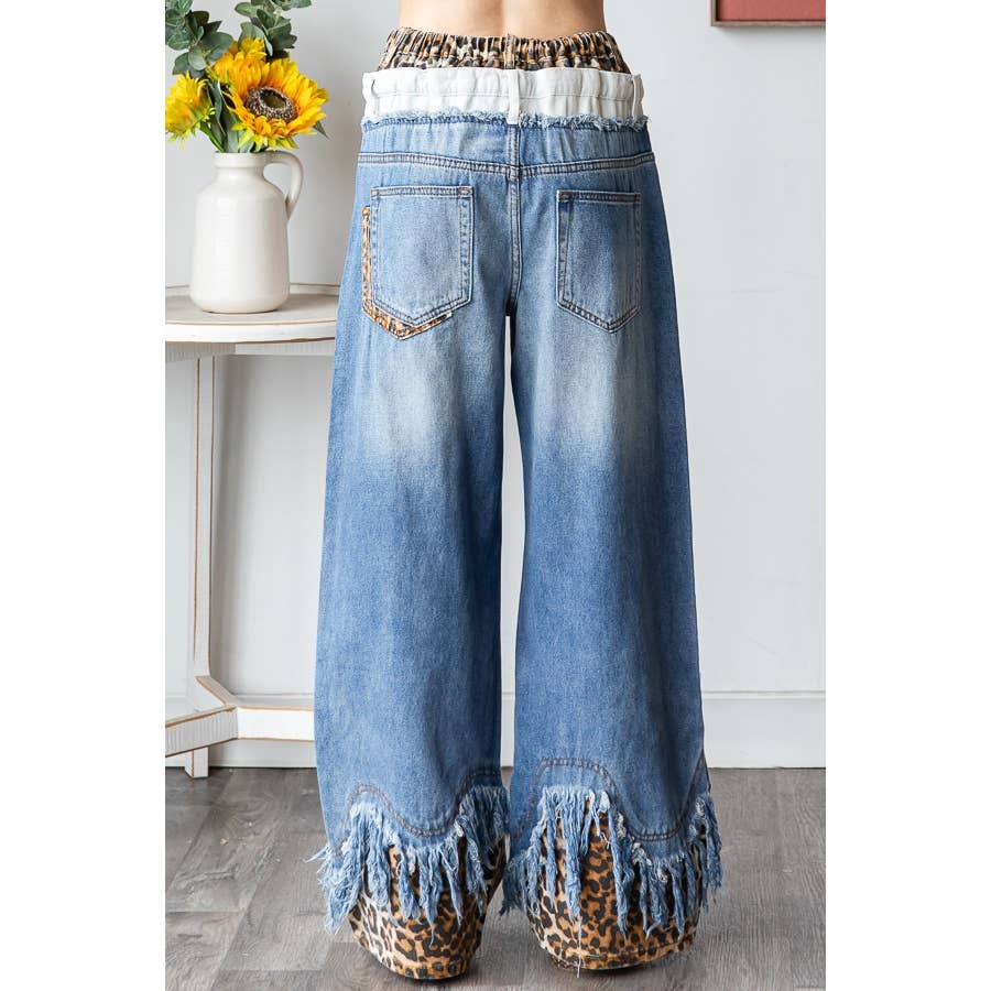 WASHED DOUBLED WAIST WITH FRAYED HEM JEANS
