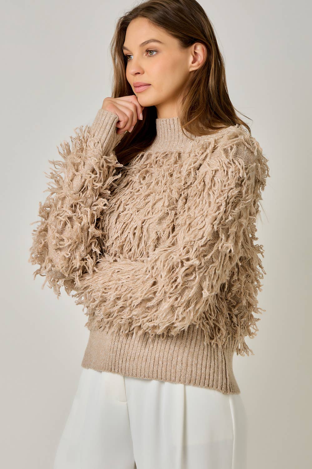 61640 Shaggy Knit Pullover Sweater: Ivory