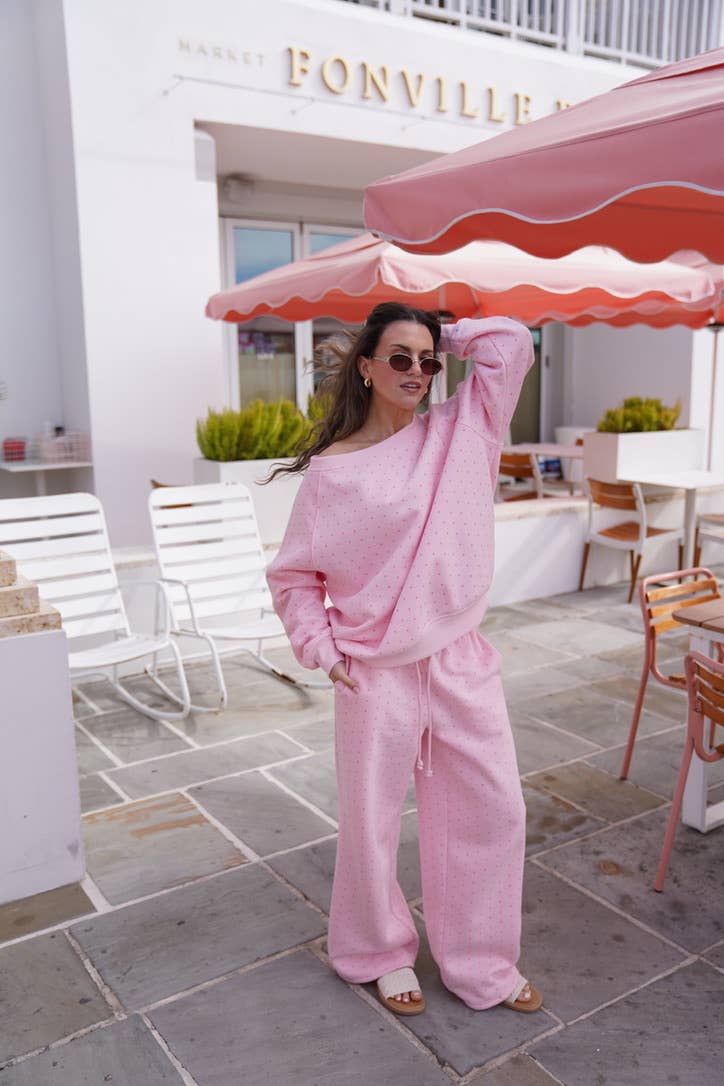 JUNE SHIP SUNKISSED COCONUT Light Pink Polka Dot Off The Shoulder Sweatshirt