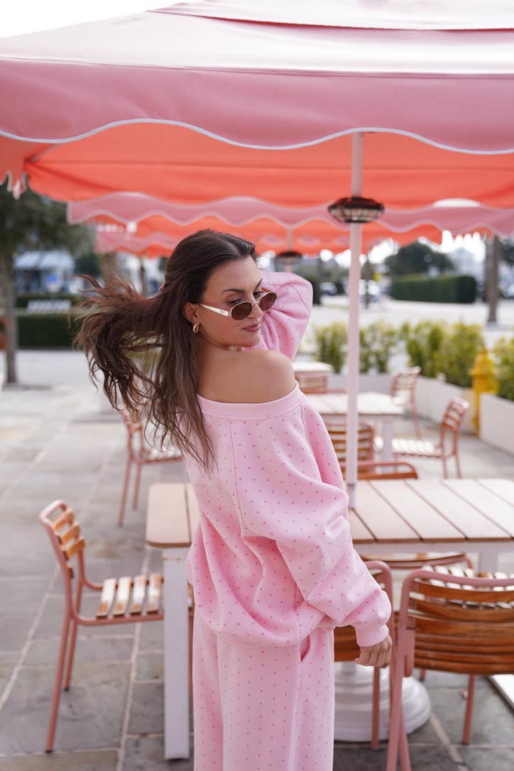 JUNE SHIP SUNKISSED COCONUT Light Pink Polka Dot Off The Shoulder Sweatshirt