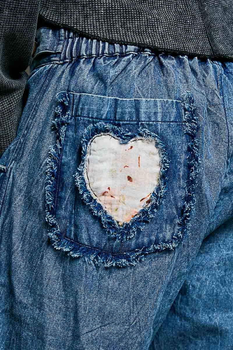 AUG 1st SHIP Patch Elastic Waistband Adjustable Button Woven Pants: DENIM MULTI