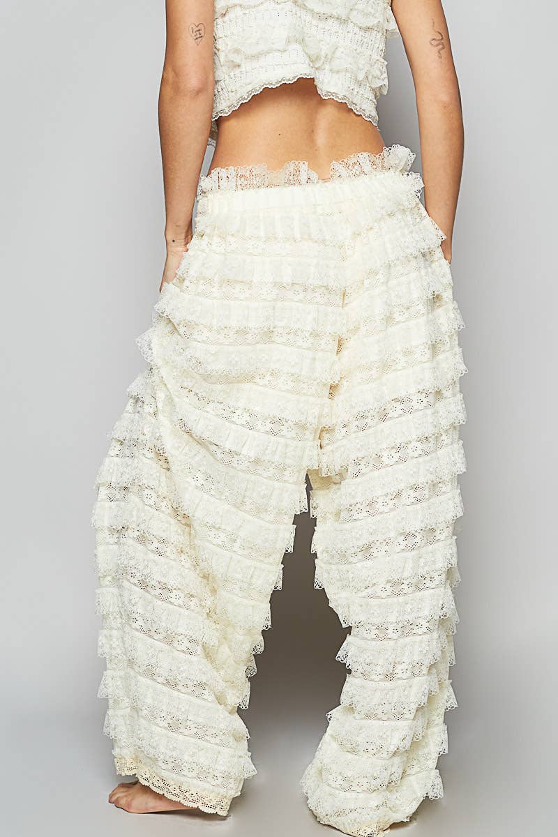 JUNE SHIP POL Solid lace trim detail woven wide pants