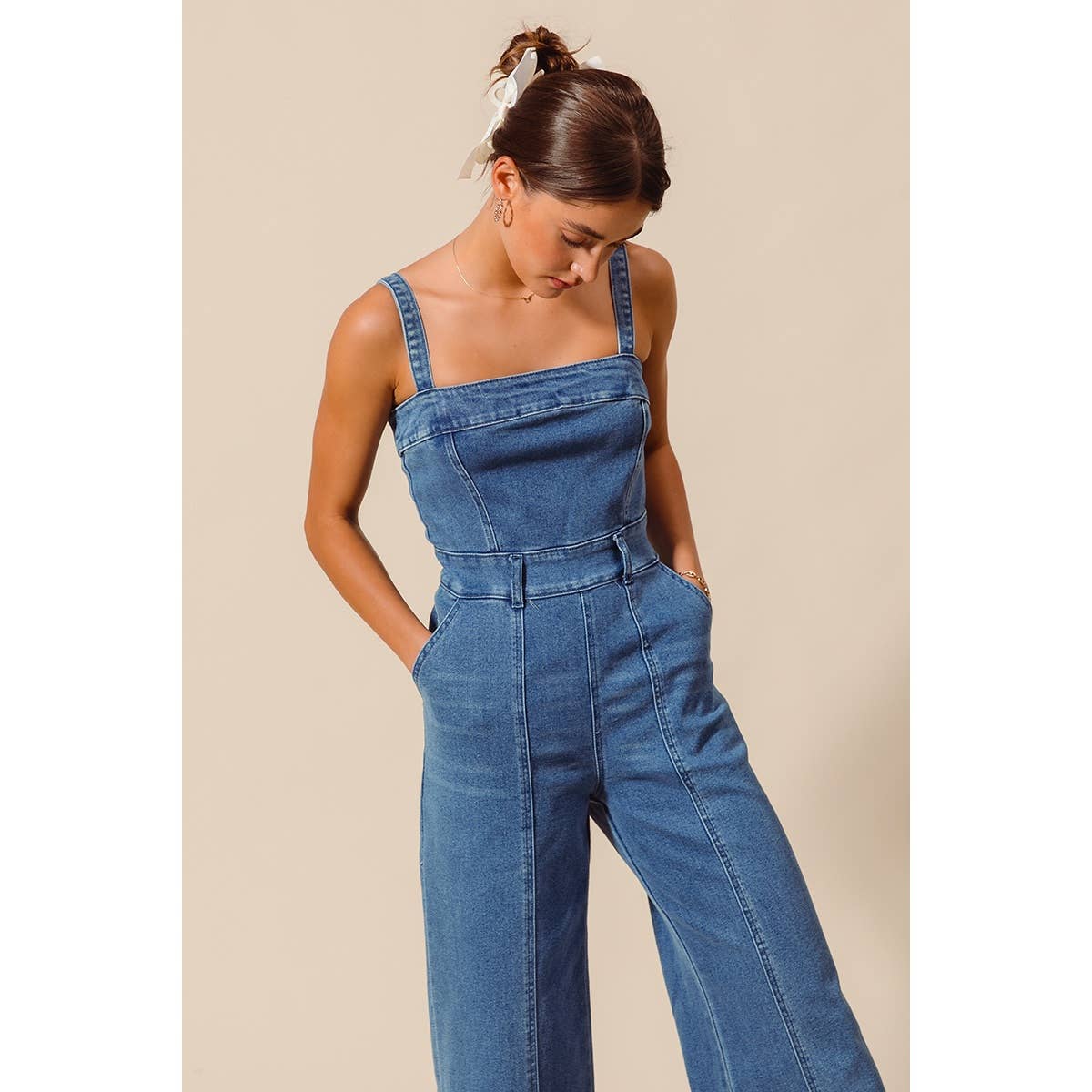FRONT CUT EXPOSED SEAM WASHED DENIM JUMPSUIT : DENIM