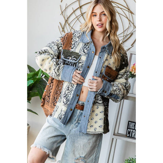 MIXED BANDANA PRINT LONG SLEEVE HOODED CROP JACKET
