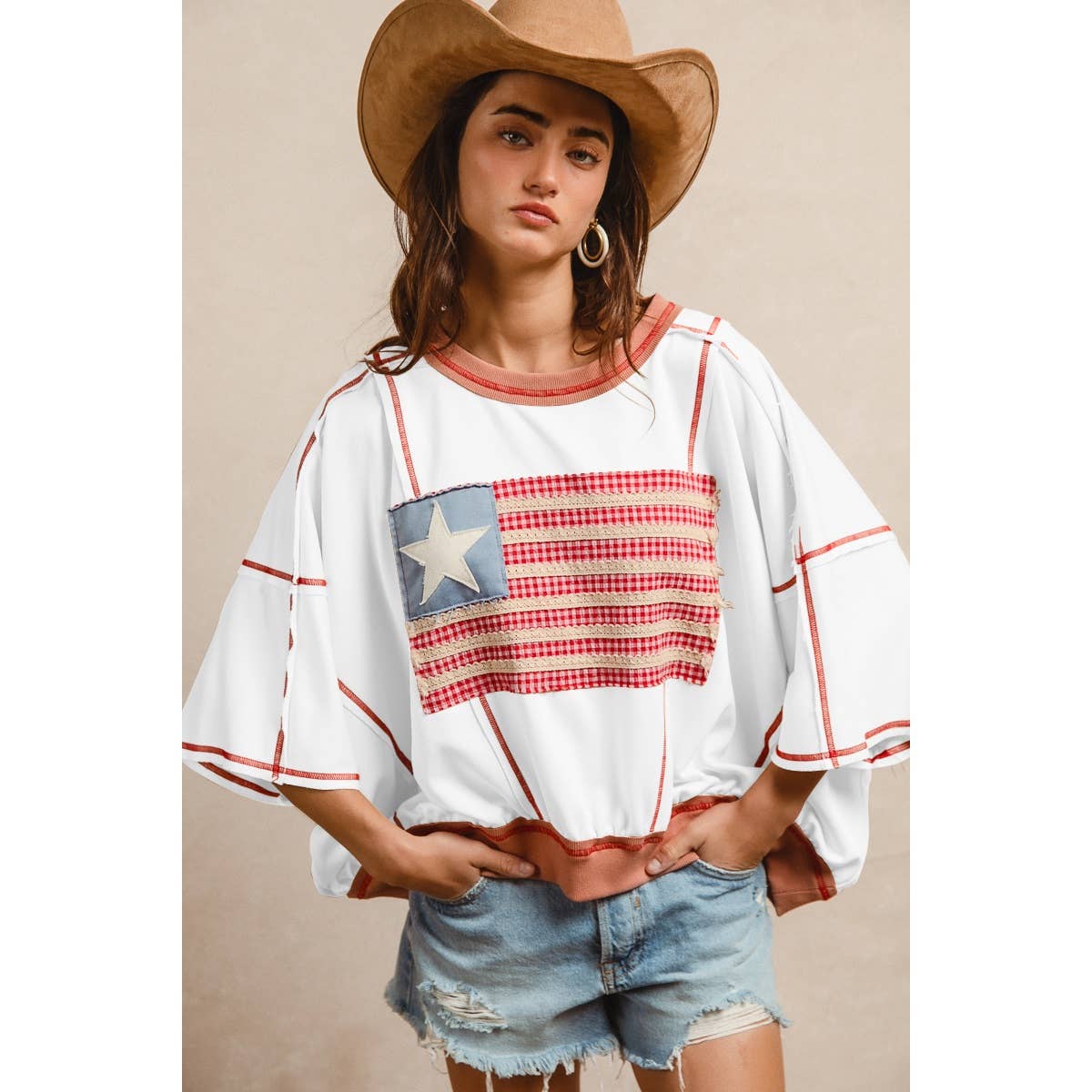 AMERICAN FLAG PATCHWORK OVERLOCK STITCH TOP