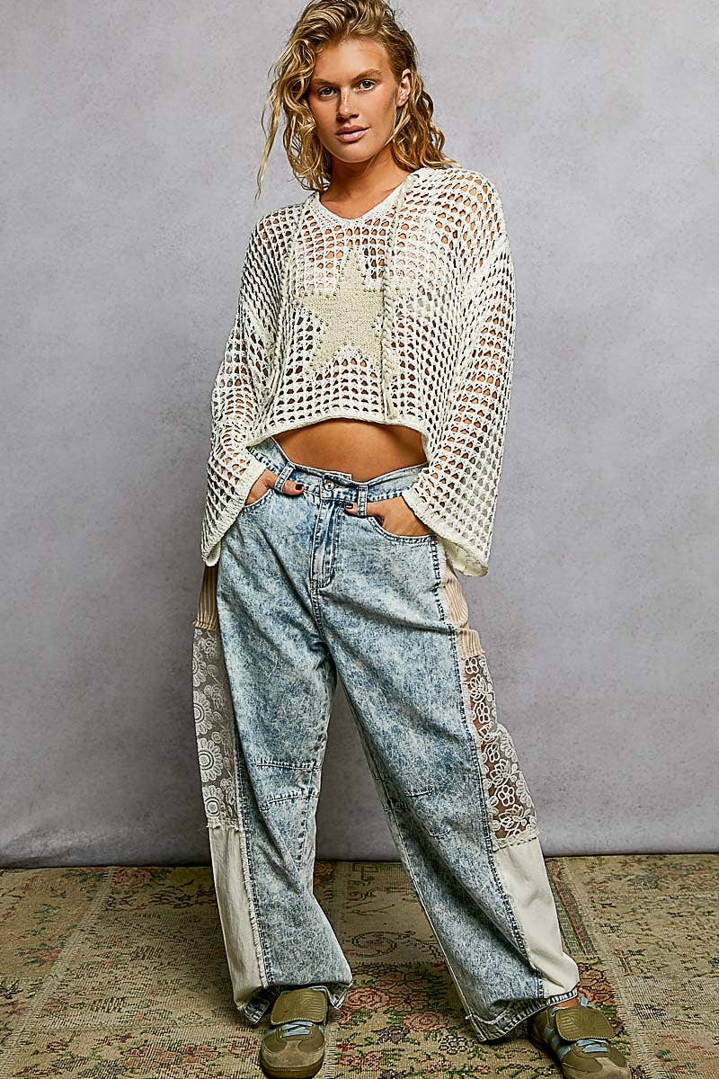 POL V-neck Acrylic Star Patch Pearl Stud Hoodie Thin Sweater Top