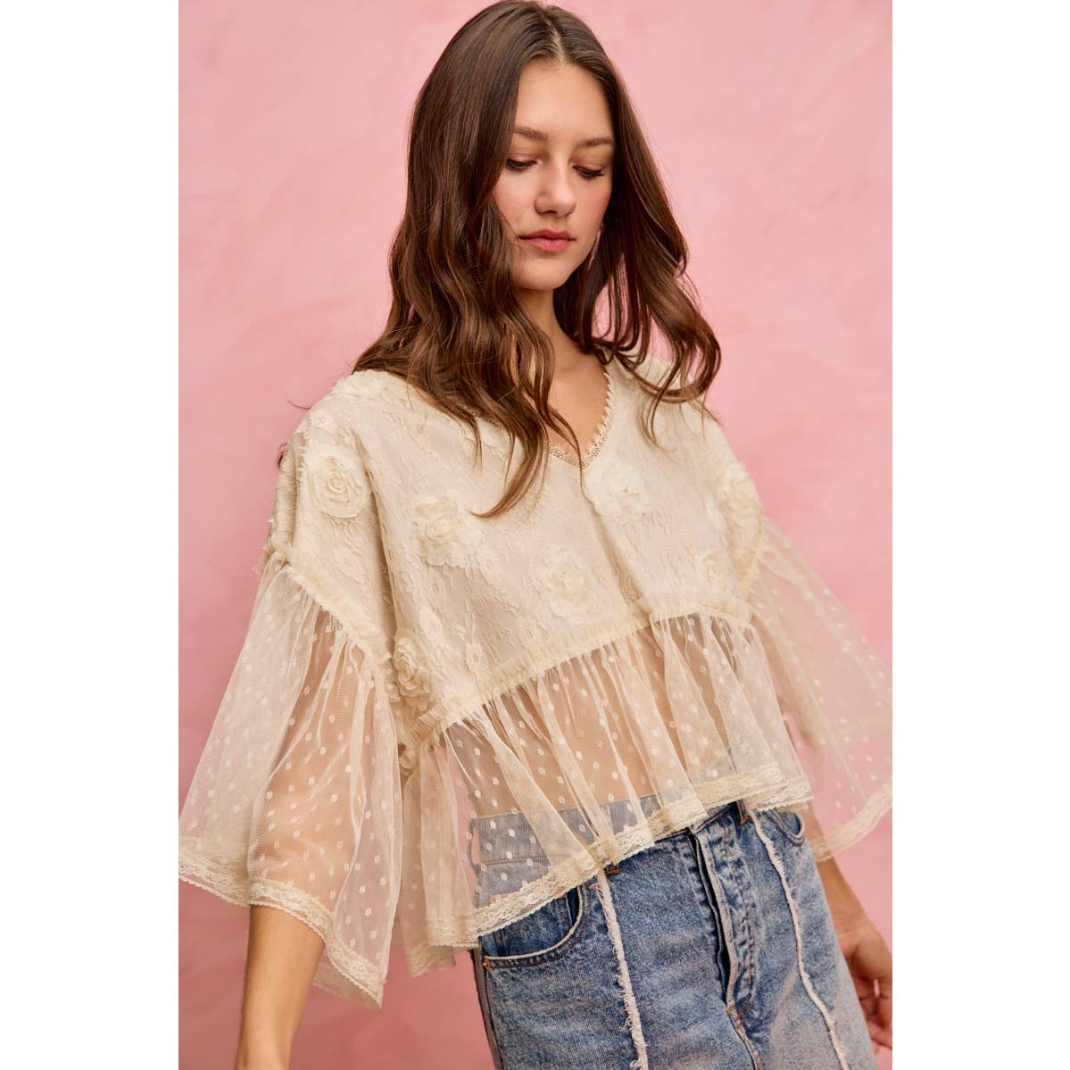 FLORAL APPLIQUE LACE FLOWY V NECK BLOUSE TOP: CREAM