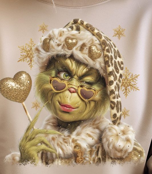 FEELING GRINCHY Leopard BLINGED Santa tee on Natural