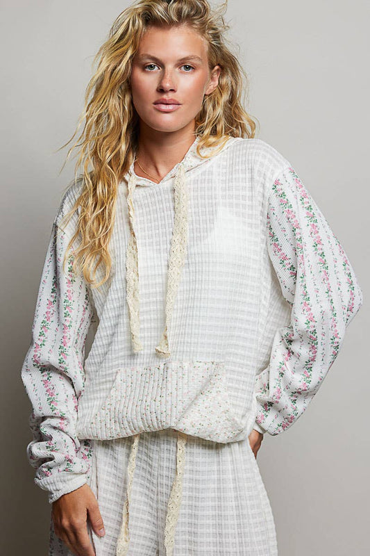 MAY SHIP POL Kangaroo Pocket Mixed Knit Contrast Sleeve Hooded Pullover