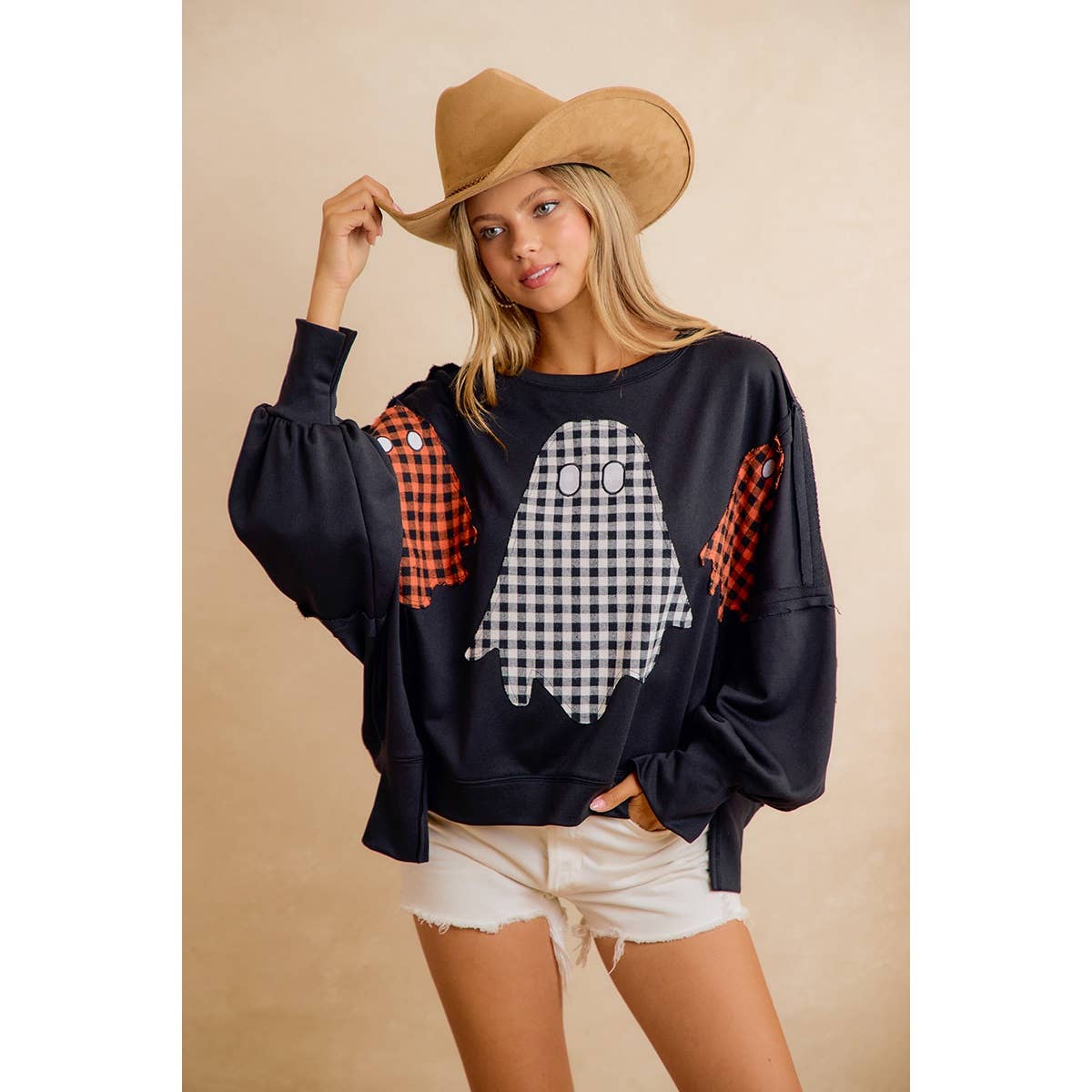 OCT 1st SHIP OVERSIZED PLAID GHOST APPLIQUE HALLOWEEN SWEATSHIRT: BLACK