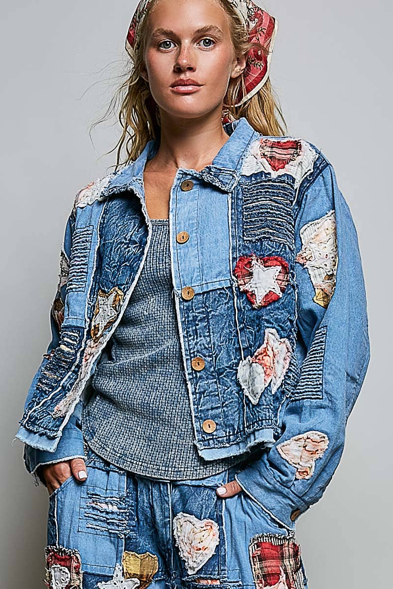 AUG 1st SHIP. Artisan Patchwork Denim Handcrafted Appliqué Vintage Jacket: DENIM MULTI