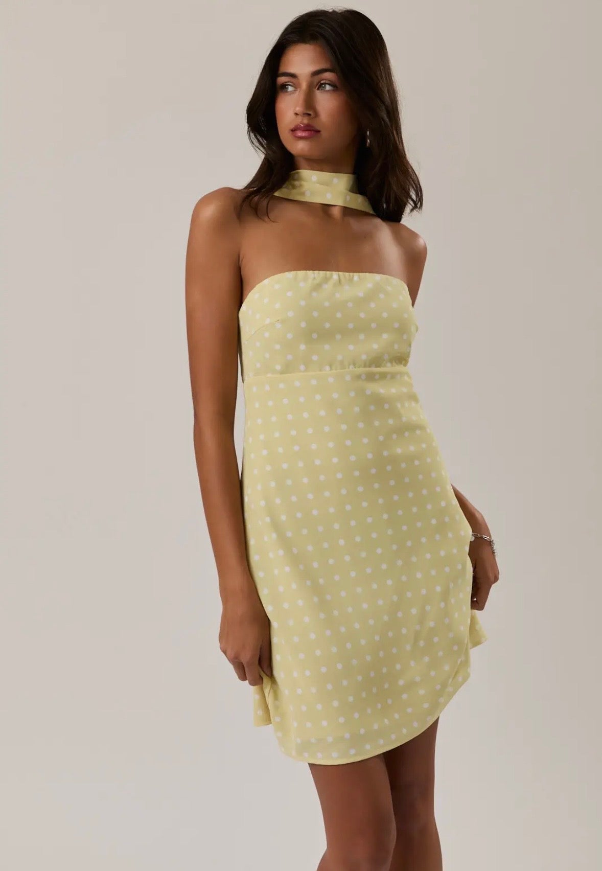 Yellow polka dot dress with wrapped scarf