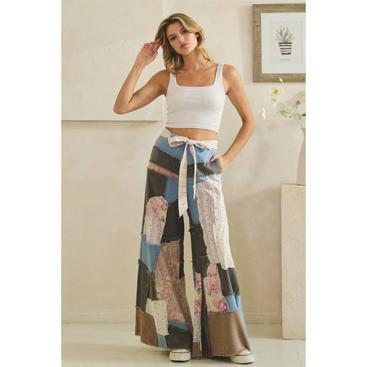 WASHED FLORAL PATCHWORK FLARE PANTS