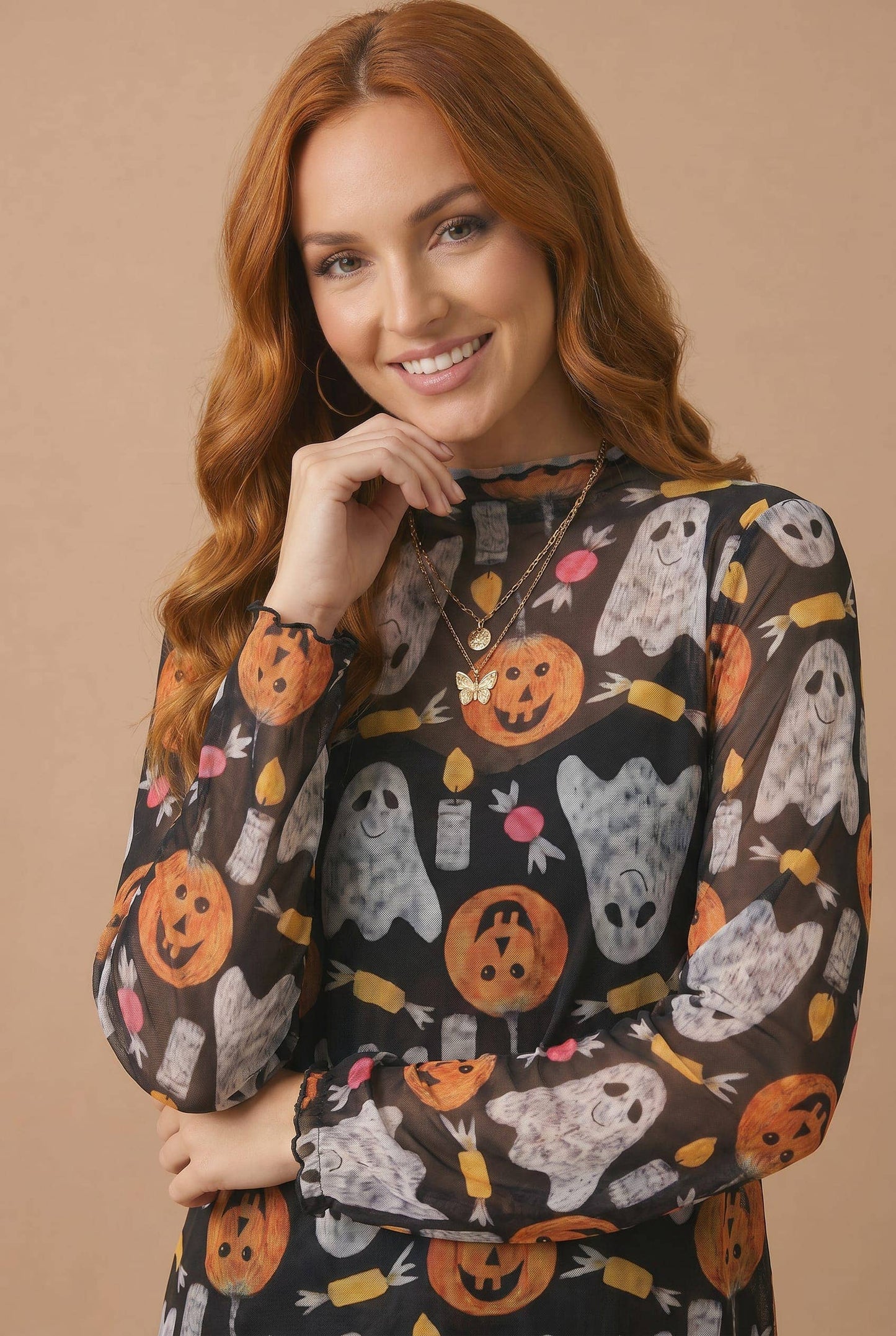 High Neck Pumpkin Ghost Merrow Hem Mesh Top: BLACK / S