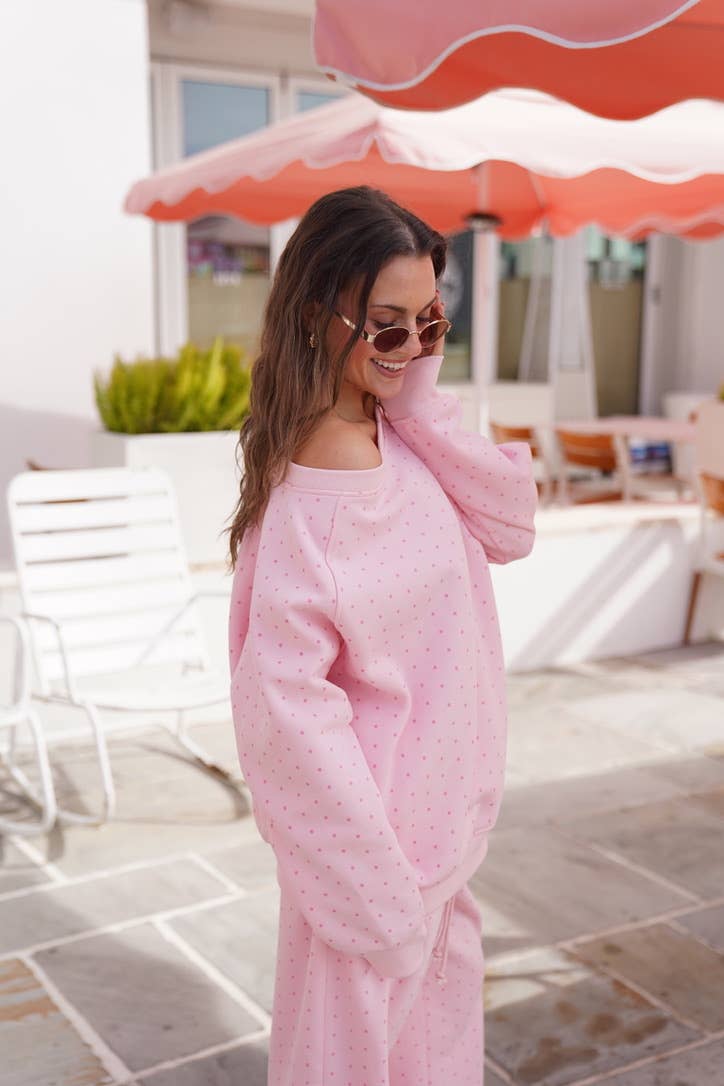 JUNE SHIP SUNKISSED COCONUT Light Pink Polka Dot Off The Shoulder Sweatshirt