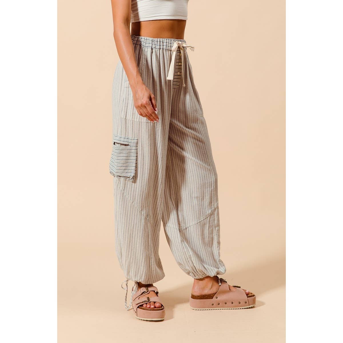 JUNE Ship MULTI STRIPE BLOCK BALLOON STYLE PANTS : VINTAGE DENIM