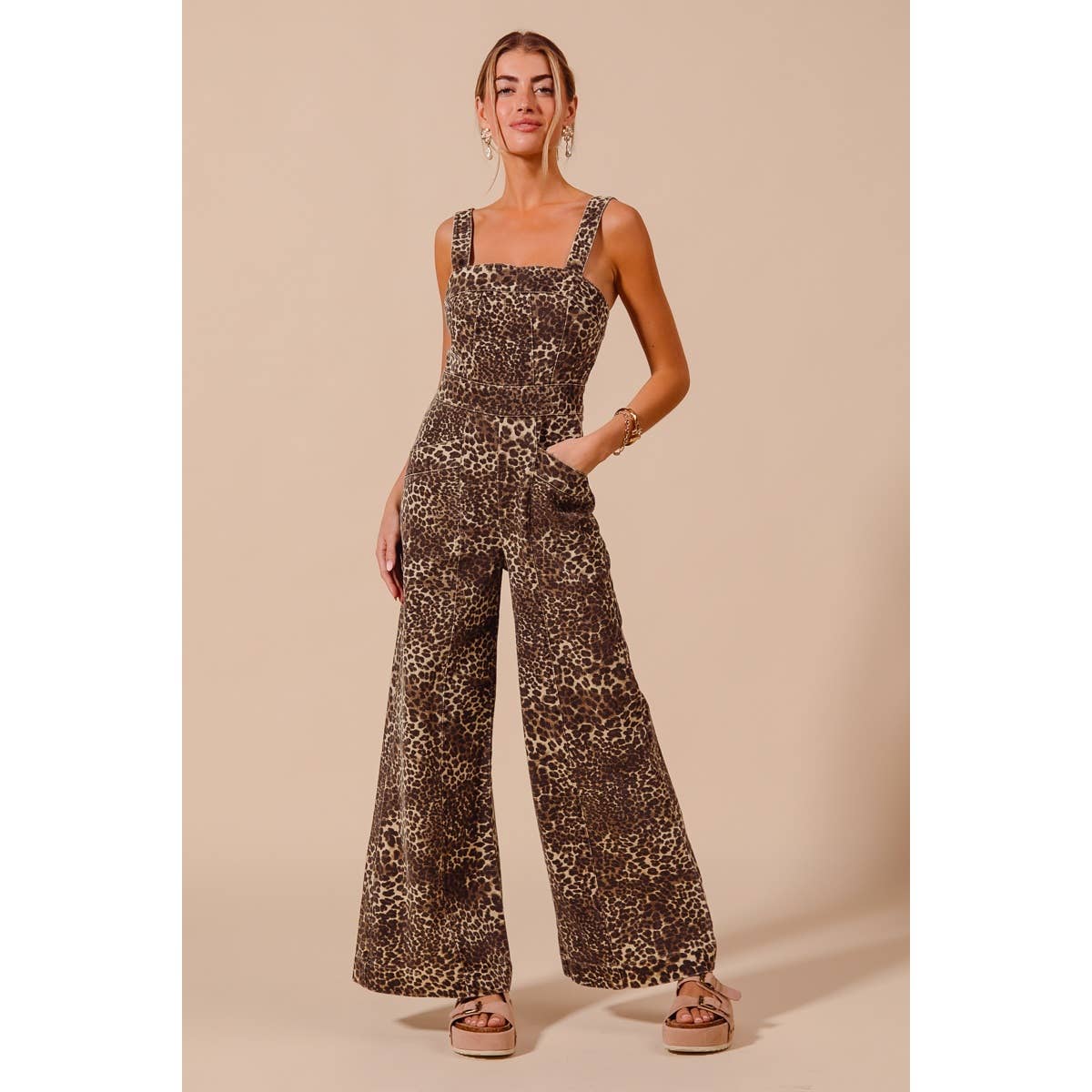 WASHED LEOPARD TWILL WIDE LEG JUMPSUIT WITH POCKET: LEOPARD