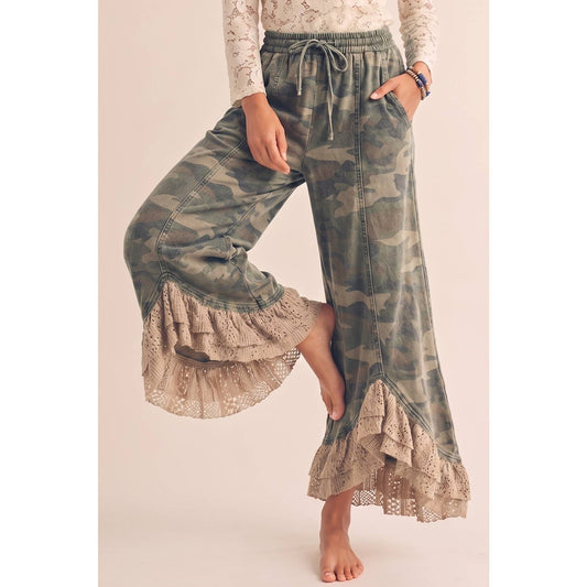 PREORDER JULY SHIP Vintage Lace Infused Couture Elastic Waist Pants: CAMO