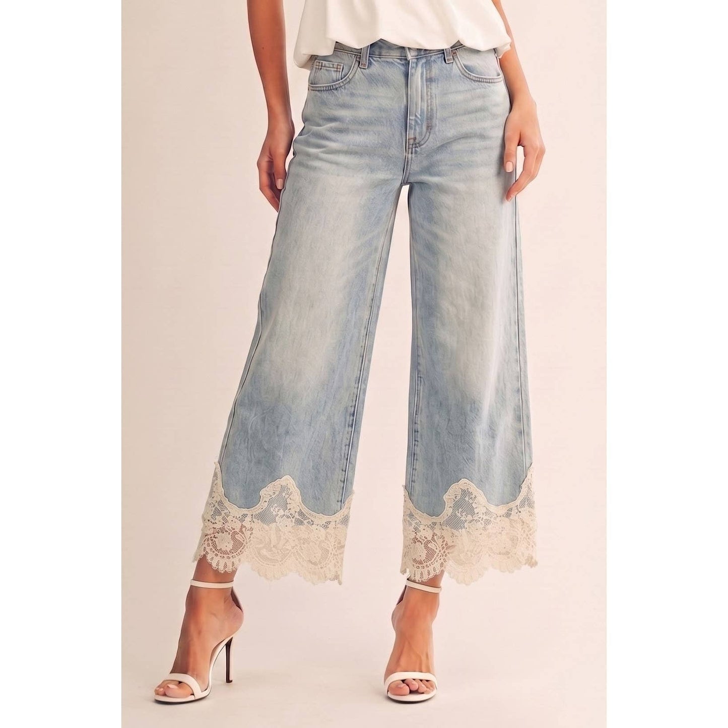JULY SHIP Lace Hem Vintage Washed Wide Leg Denim Pants: LIGHT DENIM