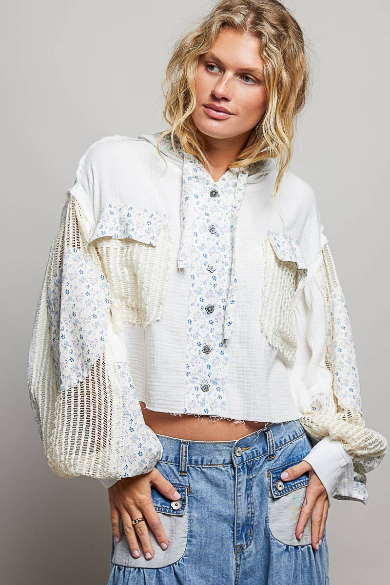 POL Balloon sleeve double gauze floral placket jacket
