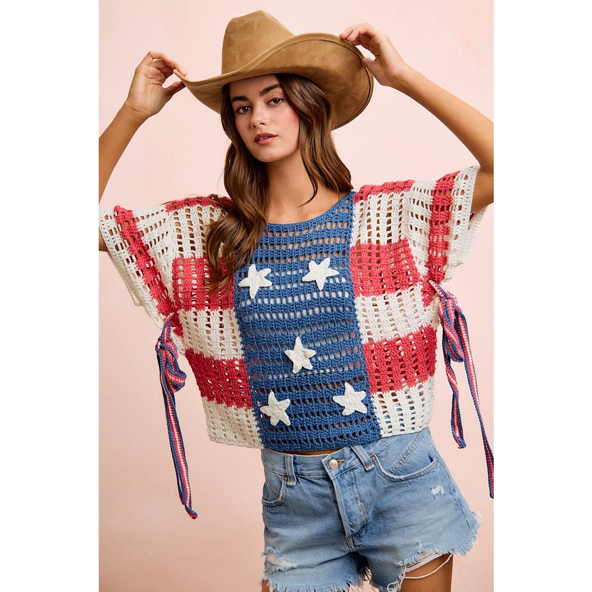 4TH OF JULY AMERICAN FLAG OPEN KNIT CROCHET TOP: AMERICAN FLAG