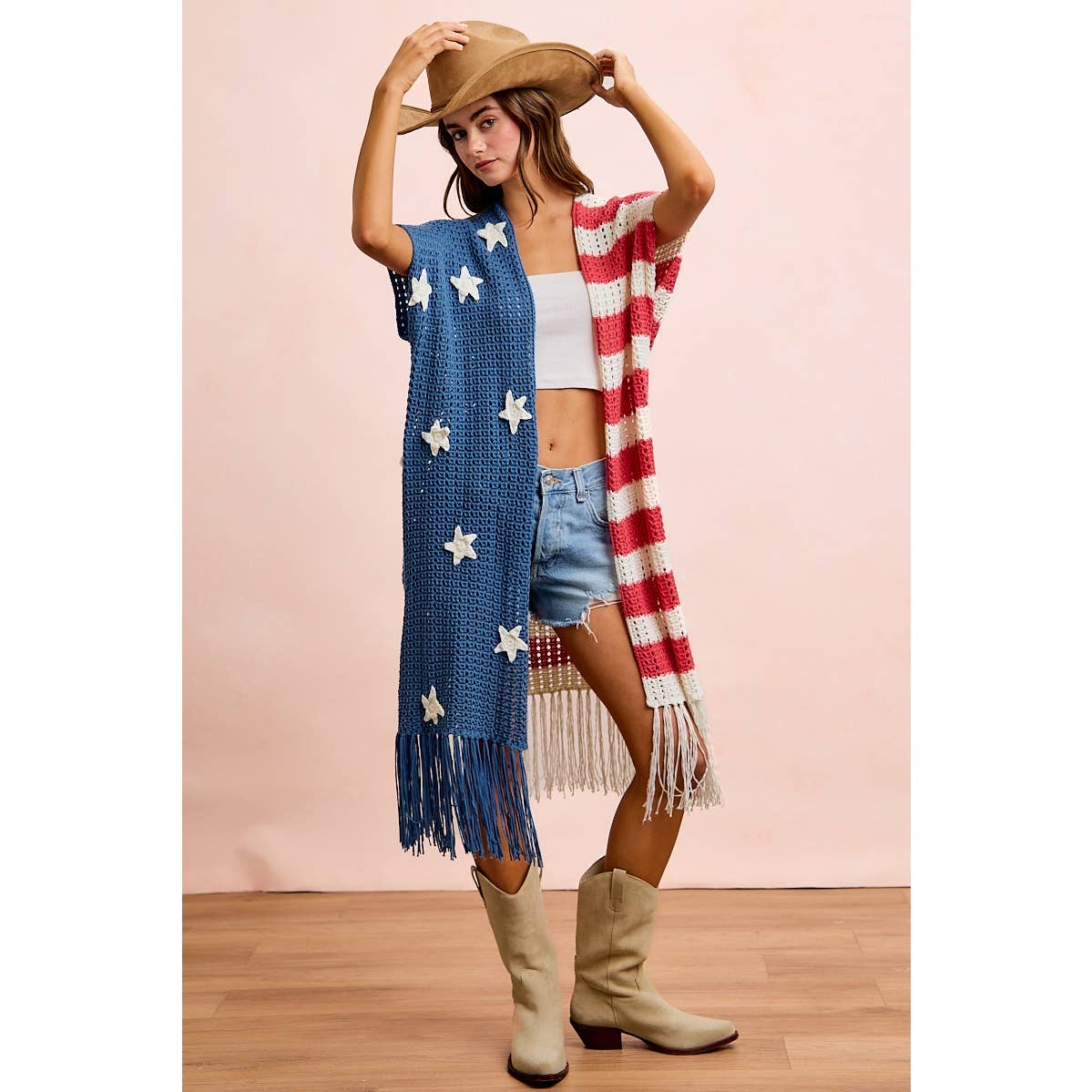 4TH OF JULY AMERICAN FLAG OPEN KNIT CARDIGAN