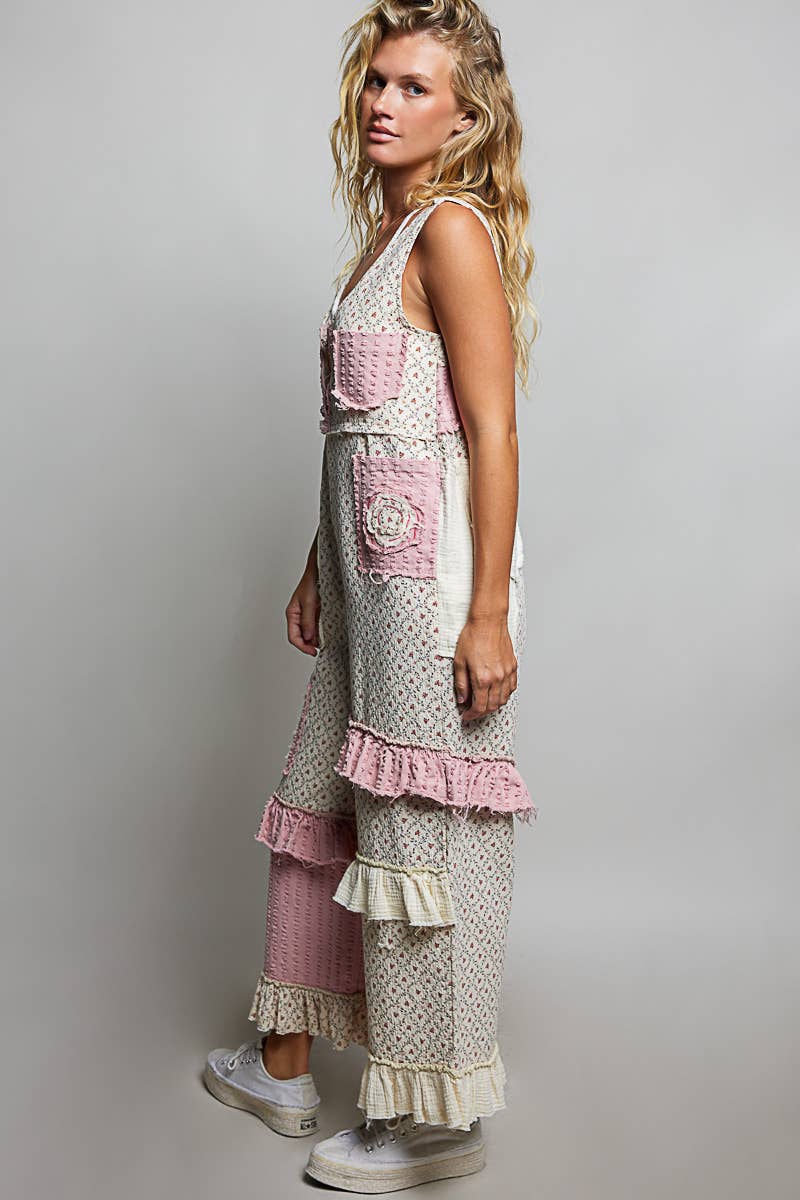 Blooming Boho  Floral Print Patchwork Sleeveless Wide Leg Jumpsuit