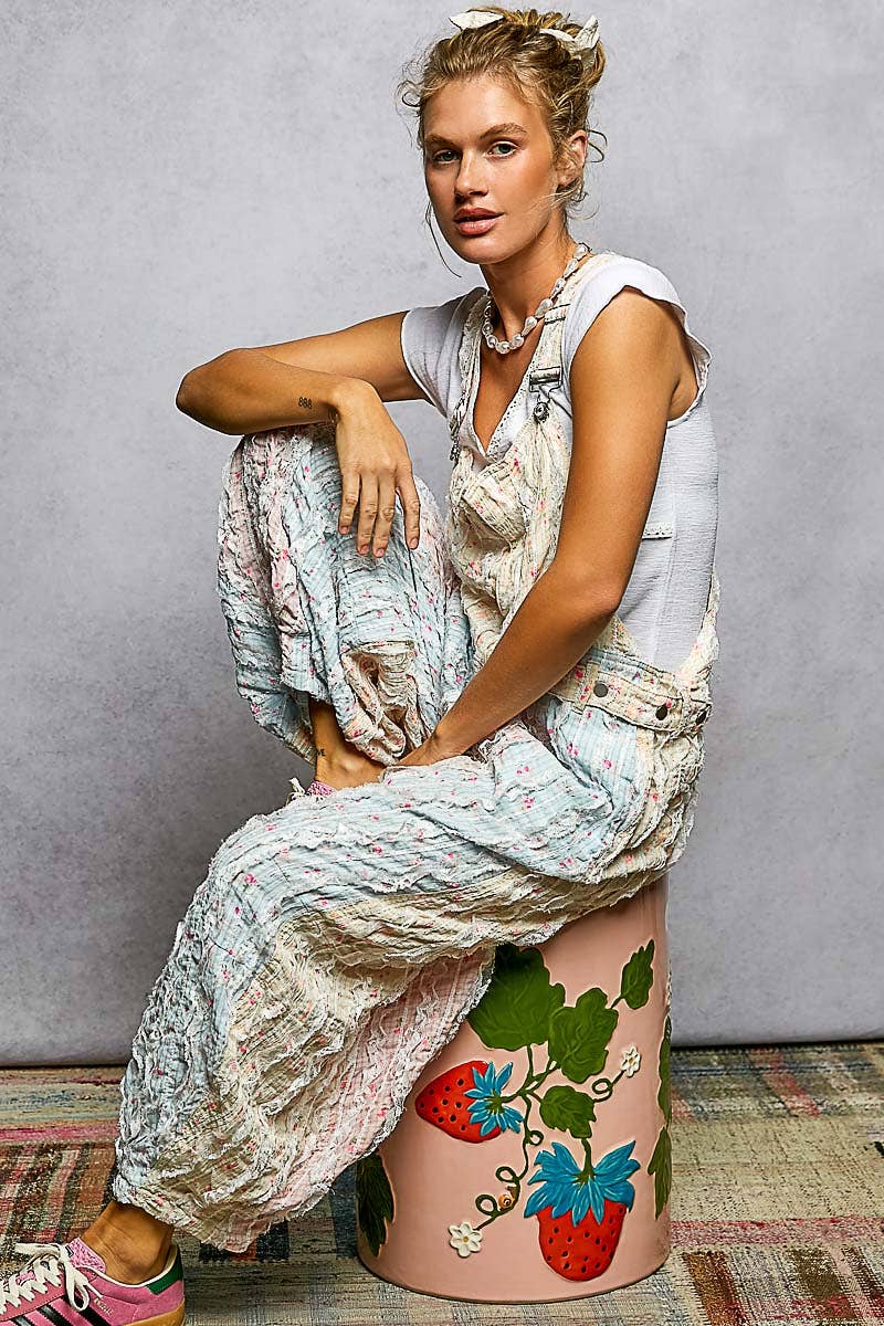 PREODER SHIPS MID MAY   Feeling Springy Boho Floral Print Lace Trim Woven Front Zip Overall