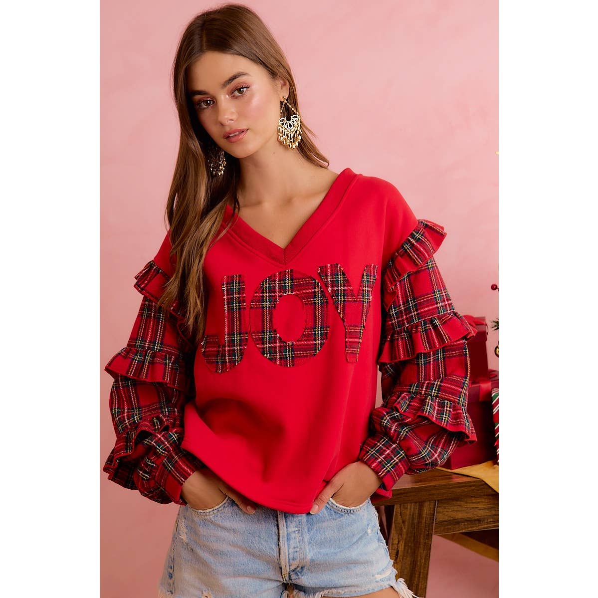 OCT SHIP JOYFUL HEARTS RUFFLED SLEEVE JOY PATCHWORK V NECK TOP