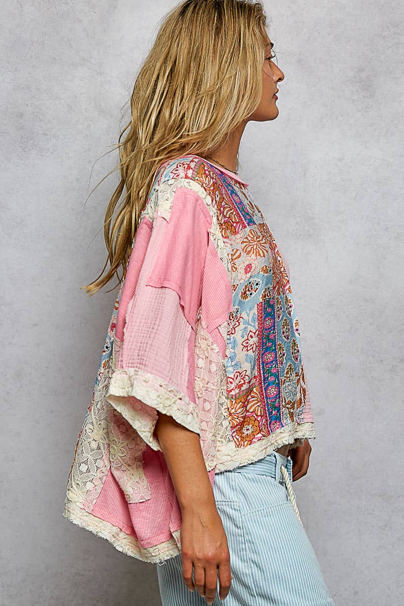 POL Round Neck Double Gauze Floral Woven Top