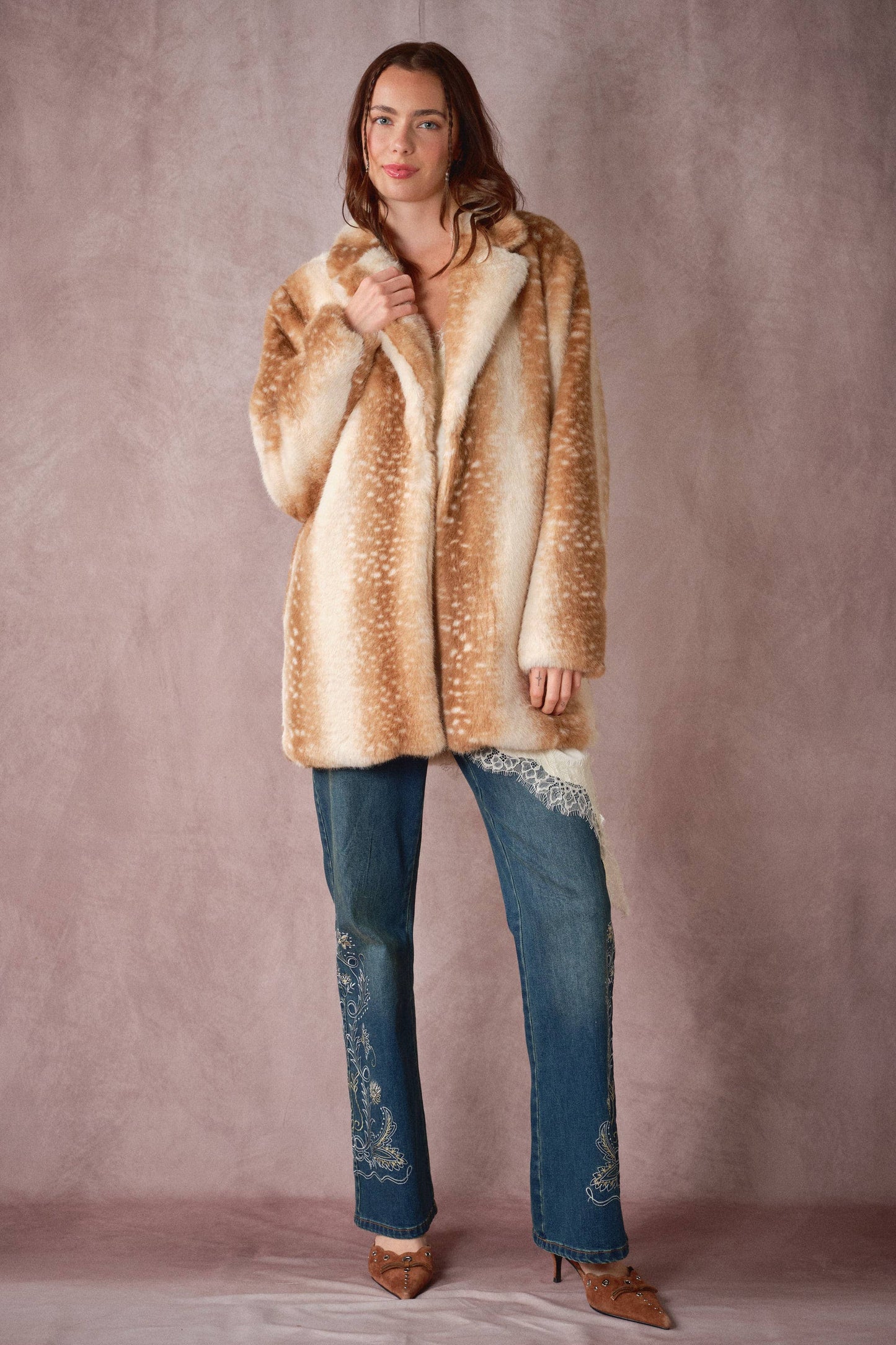 Deer Print Faux Fur Coat: TAUPE