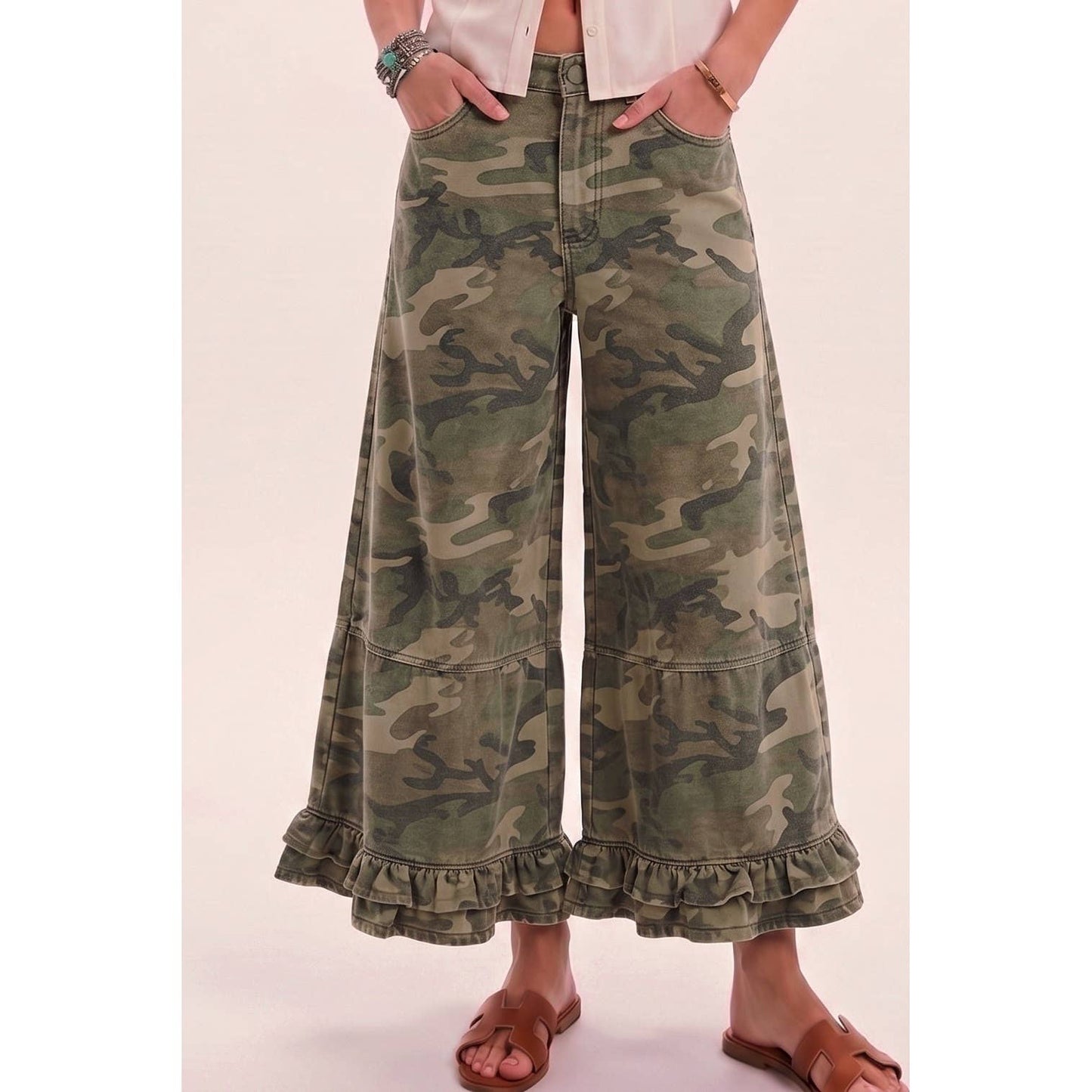 JULY SHIP Ruffle Wide Leg Ruffle Camou