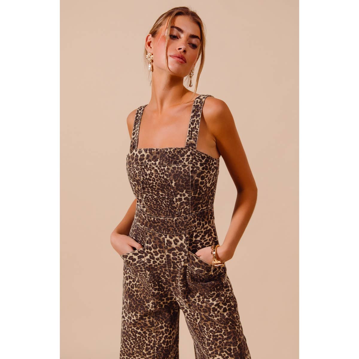 WASHED LEOPARD TWILL WIDE LEG JUMPSUIT WITH POCKET: LEOPARD