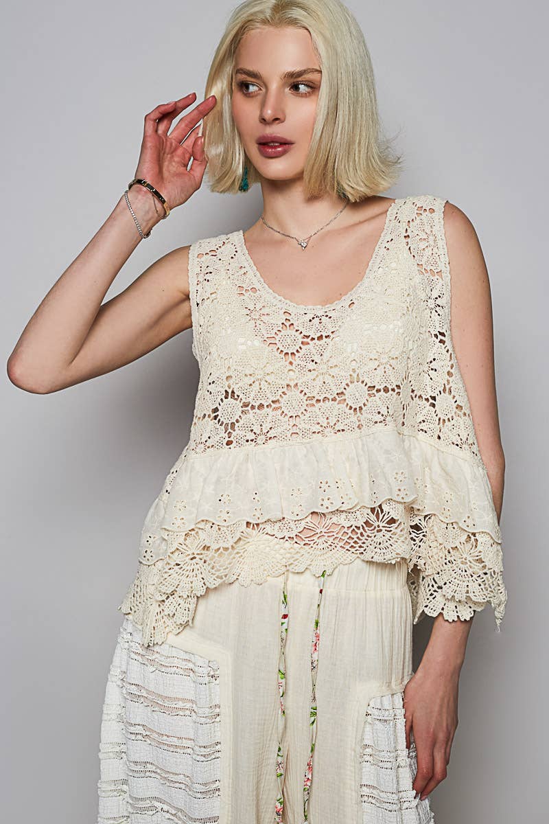 POL Round neck ruffle embroidered eyelet crochet top