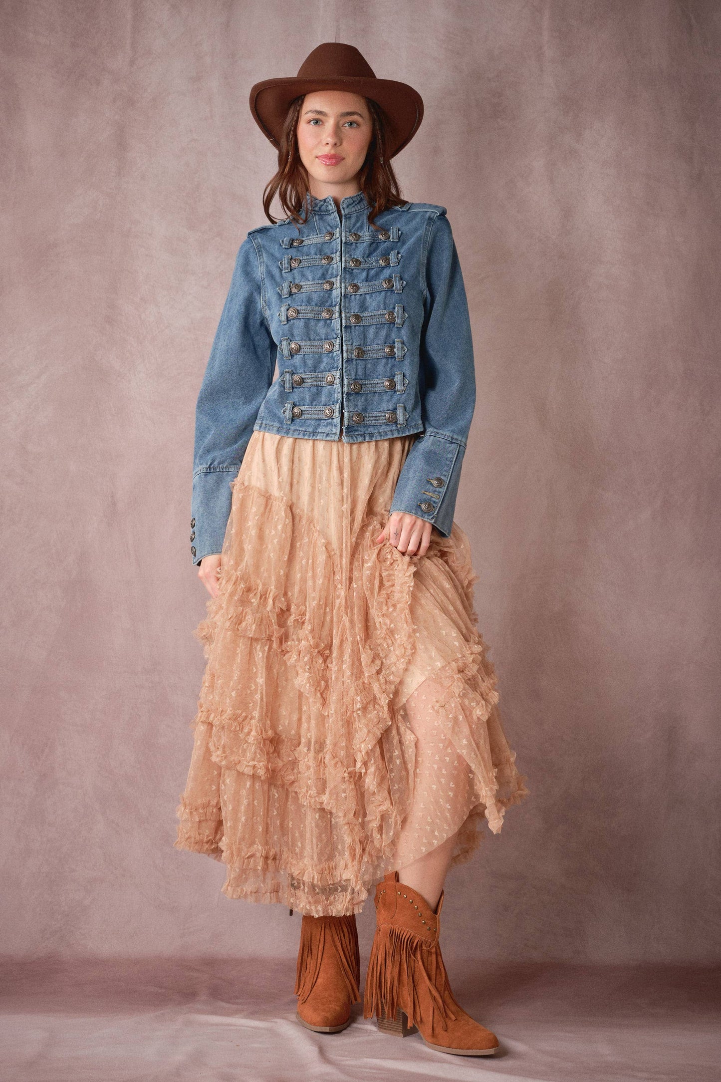 Washed Denim Napoleon Jacket: DENIM