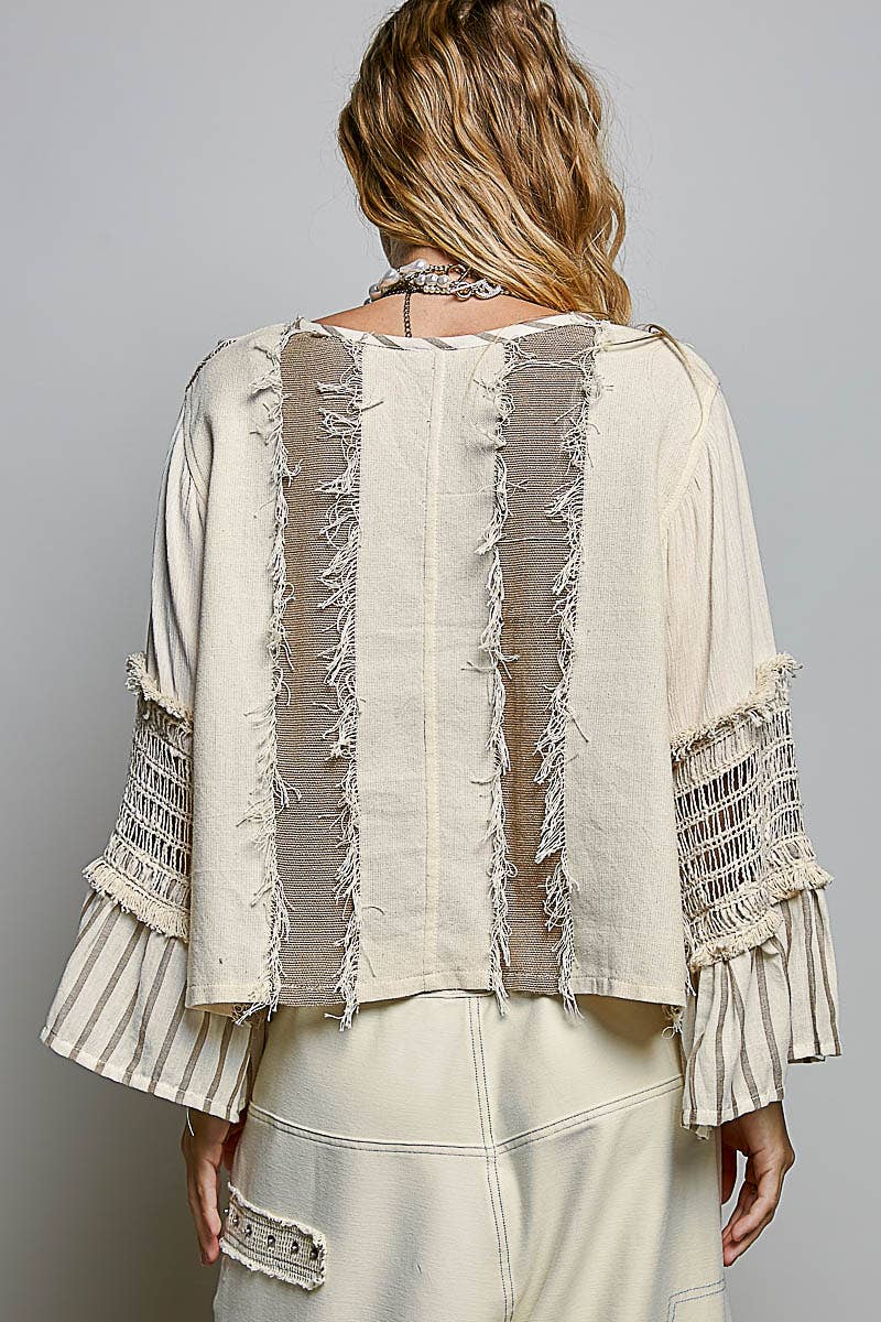 POL Raw Edge Contrast Panels Textured Woven Boxy Top