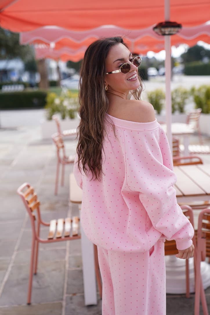 JUNE SHIP SUNKISSED COCONUT Light Pink Polka Dot Off The Shoulder Sweatshirt