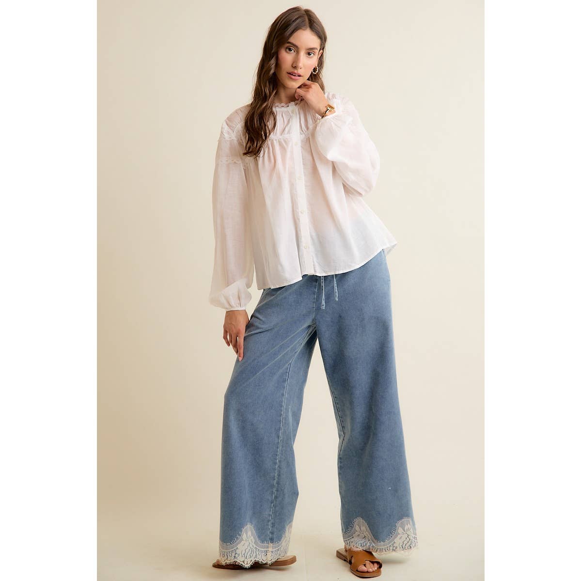 JUNE SHIP  LACE TRIM WIDE LEG ELASTIC MID RISE DENIM PANTS: DENIM