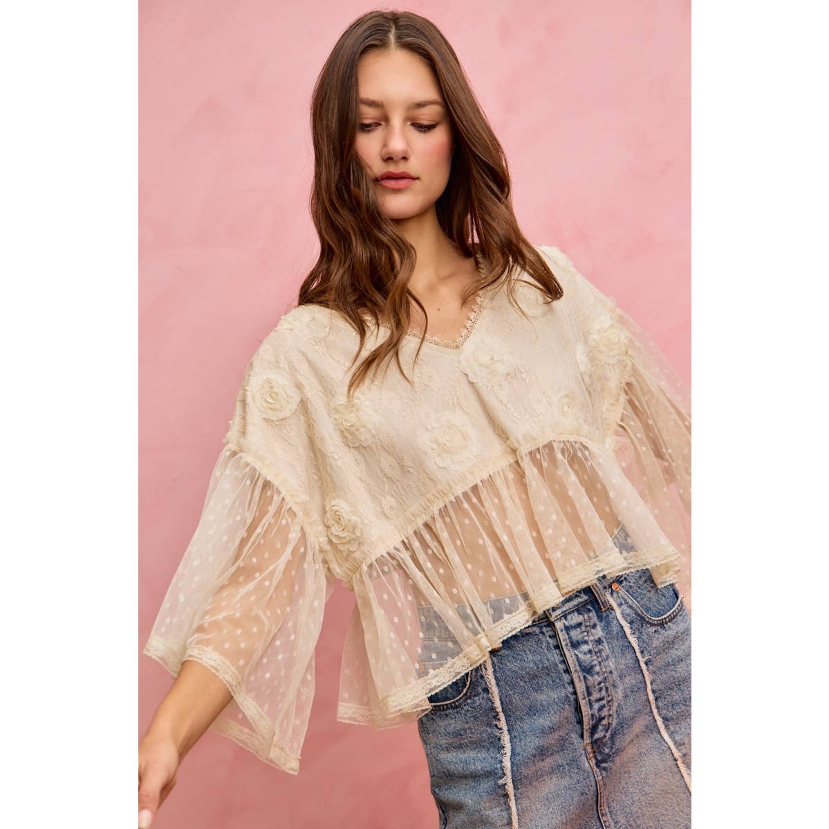 FLORAL APPLIQUE LACE FLOWY V NECK BLOUSE TOP: CREAM