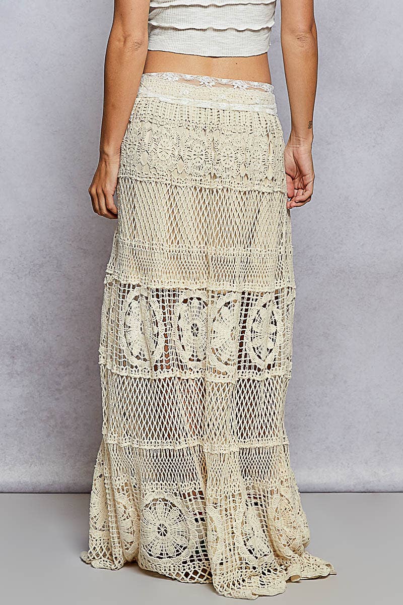 JUNE SHIP POL Crochet long flare elastic waist band skirts