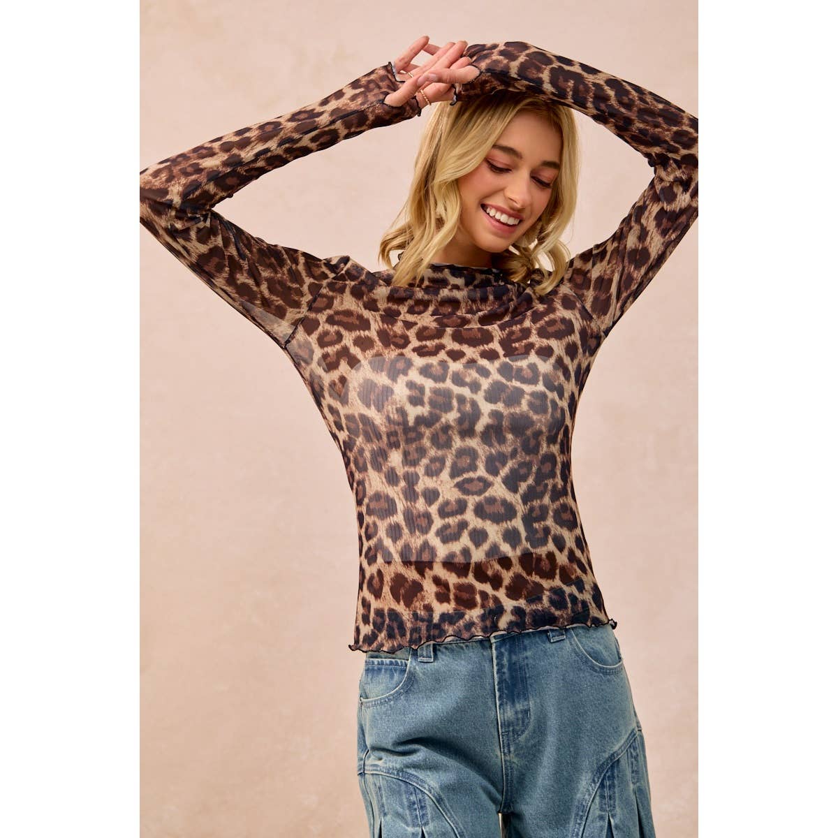 AUG SHIP MESH LEOPARD PRINTED TOP WITH LONG SLEEVES: LEOPARD